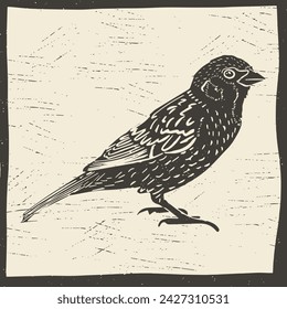 Sparrow isolated vector illustration in linocut style. Vintage stamp design for print. Use for your creative graphic design projects, lithographs, postcards, invitations, tattoos