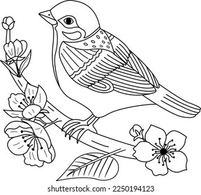 Sparrow on a cherry branch for a coloring book. Vector illustration of a cute sparrow sitting on a branch. Cherry blossom
