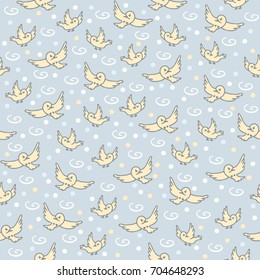 Sparrow pattern. Cute seamless pattern with small birds on blue background in hand drawn style. / vector illustration