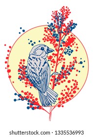 Sparrow and Plant illustration. T-shurt design, Coloring book, Tattoo sketch.