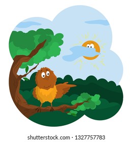 Sparrow pointing the direction. Sunny day in the forest. Cartoon graphics. Vector illustration