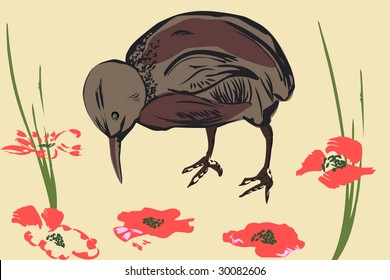 sparrow and poppy. vector image