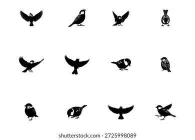 Sparrow silhouettes set featuring small birds in dynamic and resting poses vector illustration.