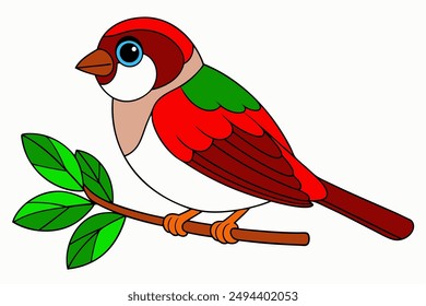 Sparrow Sitting on Branch Vector Color Illustration.