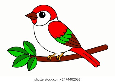 Sparrow Sitting on Branch Vector Color Illustration.