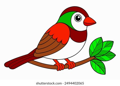 Sparrow Sitting on Branch Vector Color Illustration.