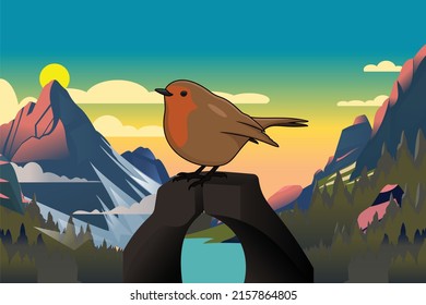 The sparrow sitting on the riverside and looking at mountain. Unbelievable mountain landscape illustration.