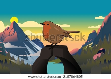 The sparrow sitting on the riverside and looking at mountain. Unbelievable mountain landscape illustration.