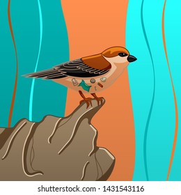 Sparrow with small trash pieces inside, stands on a stone, on a colored background in vector.