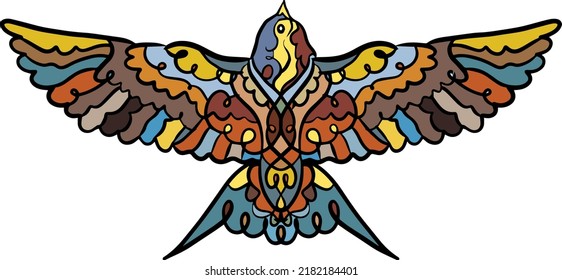 sparrow spreading wings colorful doodle pattern swirl and curl decorative element illustration