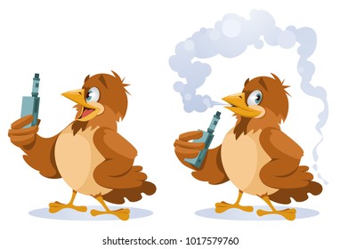 Sparrow vaper. Funny Sparrow found an electronic cigarette. Cartoon styled vector illustration. Elements are grouped. On white background. No transparent objects.