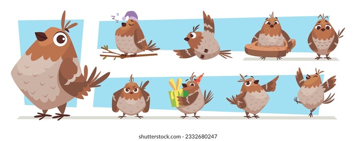 Sparrows. Cartoon birds in action poses exact vector funny sparrows communicating