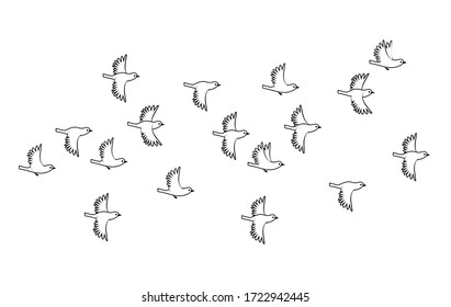 Sparrows. Bloque de aves volando. Silueta de imagen negra vectorial.