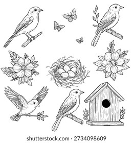 Gorriones y un nido con huevos, croquis en blanco y negro. Ilustración vectorial. Aves de primavera, pajarera y flores, conjunto aislado sobre fondo blanco. Concepto para la primavera, Pascua, felicidad familiar. No es IA
