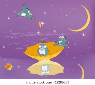 Sparrows, night, stars, umbrella and travel home. A fairy tale
