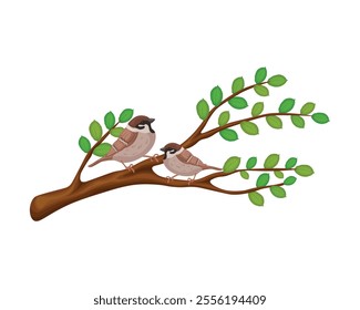 Sparrows on a branch. Two sparrows are sitting on a branch of an elm tree. Urban birds on a tree. Two birds on a branch. Vector illustration in cartoon style.