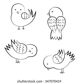 Sparrows painted black outline on white in different poses