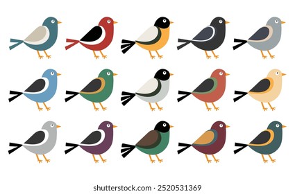 Sparrows Set of 15 Colorful Sparrows. Set of decorative forest small birds .isolated nature design element. Victor Art illustration..