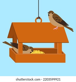 sparrows sit in the feeder