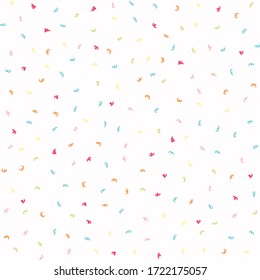 Sparse confetti dotty paper texture seamless background. Tiny colored flecked sprinkles isolated on white. Modern cute falling speckle pattern. Japanese kawaii minimal digital party scrapbook paper