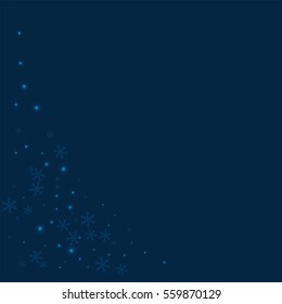 Sparse glowing snow. Bottom left corner with sparse glowing snow on deep blue background. Vector illustration.