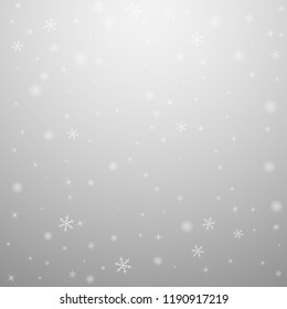 Sparse glowing snow Christmas background. Subtle flying snow flakes and stars on light grey background. Alive winter silver snowflake overlay template. Favorable vector illustration.