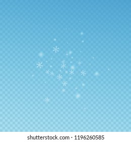 Sparse glowing snow Christmas background. Subtle flying snow flakes and stars on blue transparent background. Actual winter silver snowflake overlay template. Ravishing vector illustration.