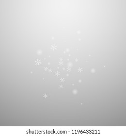 Sparse glowing snow Christmas background. Subtle flying snow flakes and stars on light grey background. Actual winter silver snowflake overlay template. Resplendent vector illustration.