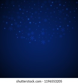 Sparse glowing snow Christmas background. Subtle flying snow flakes and stars on dark blue night background. Amazing winter silver snowflake overlay template. Enchanting vector illustration.