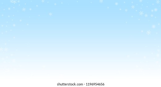Sparse glowing snow Christmas background. Subtle flying snow flakes and stars on winter sky background. Bewitching winter silver snowflake overlay template. Trending vector illustration.