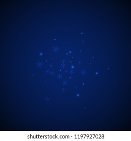 Sparse glowing snow Christmas background. Subtle flying snow flakes and stars on dark blue night background. Actual winter silver snowflake overlay template. Remarkable vector illustration.