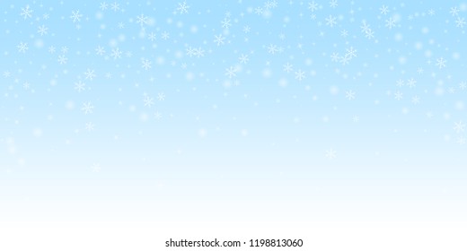 Sparse glowing snow Christmas background. Subtle flying snow flakes and stars on night sky background. Actual winter silver snowflake overlay template. Eminent vector illustration.