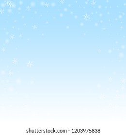 Sparse glowing snow Christmas background. Subtle flying snow flakes and stars on winter sky background. Beauteous winter silver snowflake overlay template. Creative vector illustration.