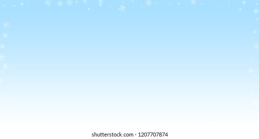 Sparse glowing snow Christmas background. Subtle flying snow flakes and stars on winter sky background. Beauteous winter silver snowflake overlay template. Appealing vector illustration.