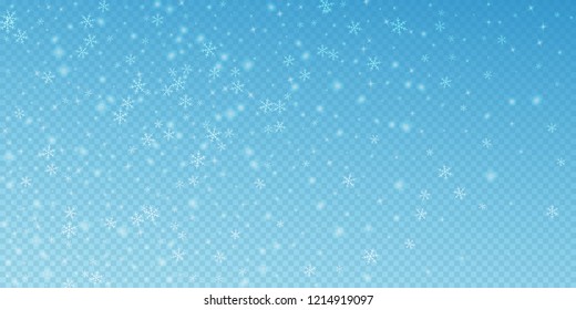 Sparse glowing snow Christmas background. Subtle flying snow flakes and stars on transparent blue background. Alive winter silver snowflake overlay template. Appealing vector illustration.