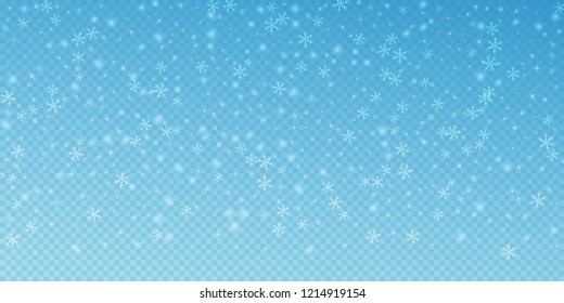 Sparse glowing snow Christmas background. Subtle flying snow flakes and stars on transparent blue background. Adorable winter silver snowflake overlay template. Ideal vector illustration.