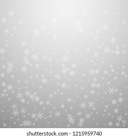 Sparse glowing snow Christmas background. Subtle flying snow flakes and stars on light grey background. Alluring winter silver snowflake overlay template. Pleasing vector illustration.