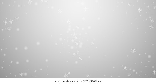 Sparse glowing snow Christmas background. Subtle flying snow flakes and stars on light grey background. Artistic winter silver snowflake overlay template. Breathtaking vector illustration.
