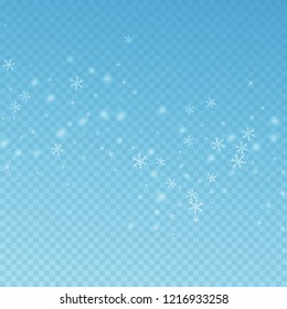 Sparse glowing snow Christmas background. Subtle flying snow flakes and stars on blue transparent background. Bizarre winter silver snowflake overlay template. Precious vector illustration.
