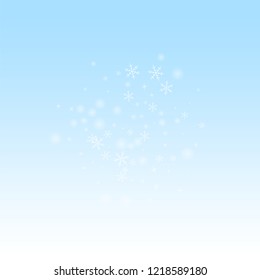 Sparse glowing snow Christmas background. Subtle flying snow flakes and stars on winter sky background. Beauteous winter silver snowflake overlay template. Fascinating vector illustration.