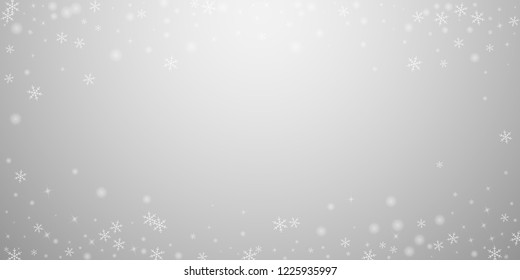 Sparse glowing snow Christmas background. Subtle flying snow flakes and stars on light grey background. Bewitching winter silver snowflake overlay template. Exceptional vector illustration.