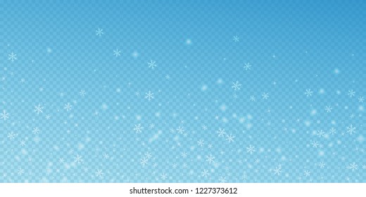 Sparse glowing snow Christmas background. Subtle flying snow flakes and stars on transparent blue background. Admirable winter silver snowflake overlay template. Beauteous vector illustration.