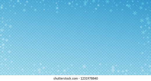 Sparse glowing snow Christmas background. Subtle flying snow flakes and stars on transparent blue background. Admirable winter silver snowflake overlay template. Splendid vector illustration.