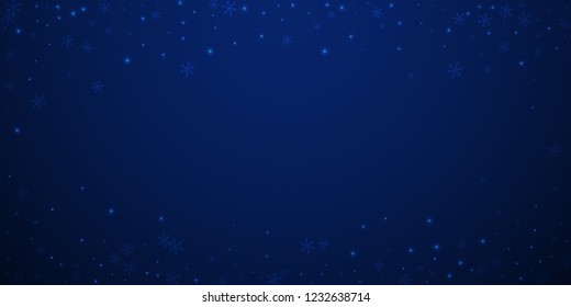 Sparse glowing snow Christmas background. Subtle flying snow flakes and stars on dark blue night background. Bewitching winter silver snowflake overlay template. Excellent vector illustration.