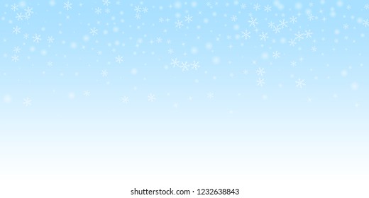 Sparse glowing snow Christmas background. Subtle flying snow flakes and stars on night sky background. Adorable winter silver snowflake overlay template. Energetic vector illustration.