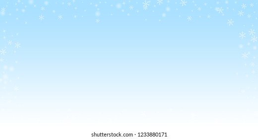 Sparse glowing snow Christmas background. Subtle flying snow flakes and stars on night sky background. Admirable winter silver snowflake overlay template. Sightly vector illustration.