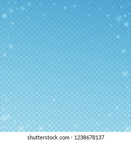 Sparse glowing snow Christmas background. Subtle flying snow flakes and stars on blue transparent background. Amusing winter silver snowflake overlay template. Interesting vector illustration.