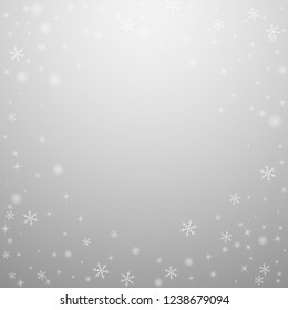 Sparse glowing snow Christmas background. Subtle flying snow flakes and stars on light grey background. Amazing winter silver snowflake overlay template. Valuable vector illustration.
