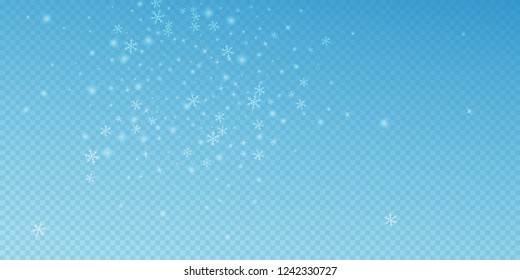 Sparse glowing snow Christmas background. Subtle flying snow flakes and stars on transparent blue background. Actual winter silver snowflake overlay template. Awesome vector illustration.