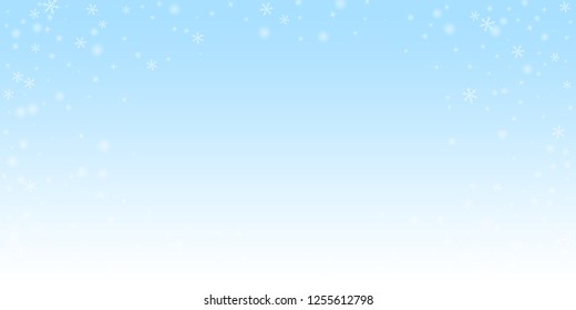 Sparse glowing snow Christmas background. Subtle flying snow flakes and stars on night sky background. Alive winter silver snowflake overlay template. Marvelous vector illustration.